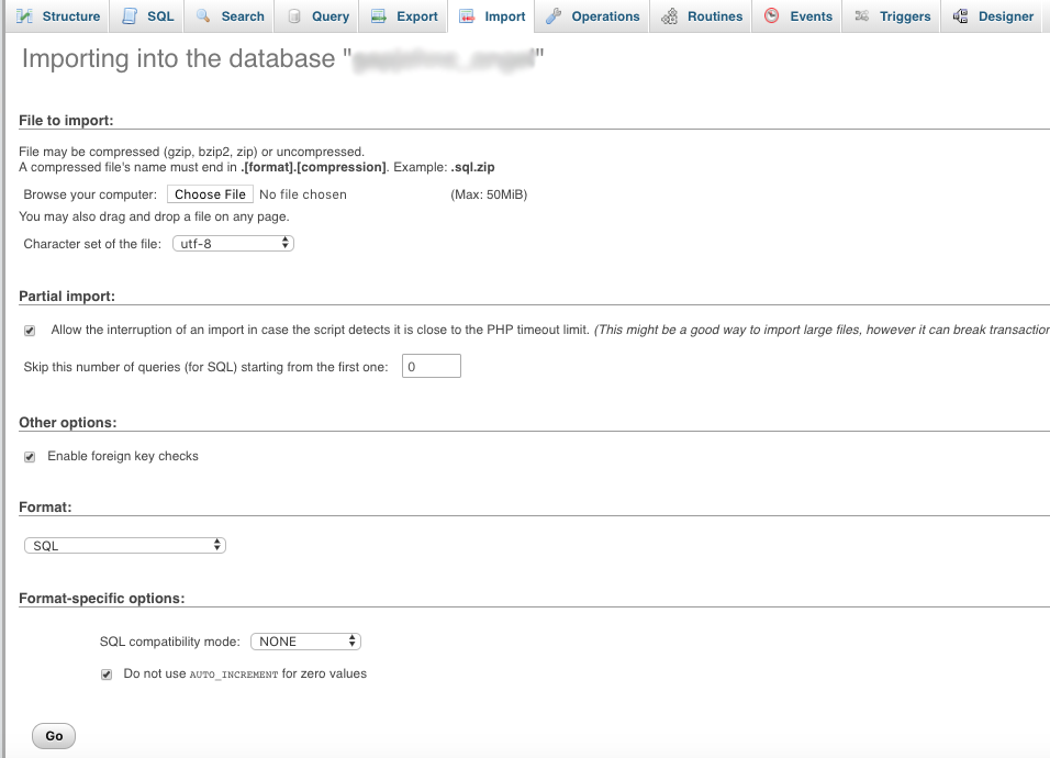 Import your database to Bluehost